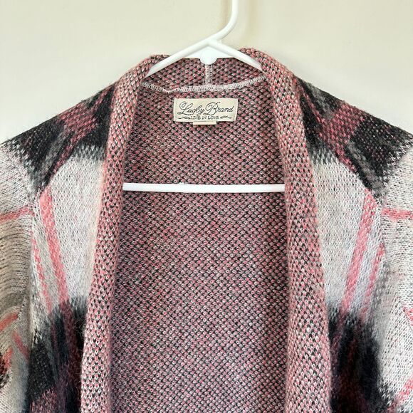 LUCKY BRAND Women MEDIUM Pink Wool Mohair Blend Brush Plaid Open Front Cardigan - Picture 7 of 14